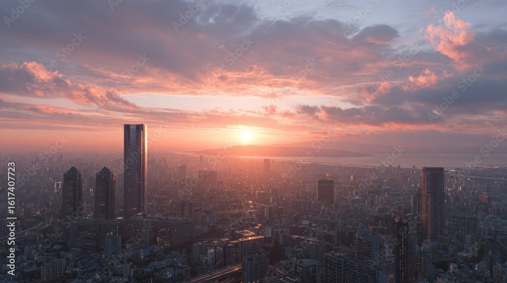 Fototapeta premium Sunset Over a Modern Cityscape with Skyscrapers and Cloudy Sky