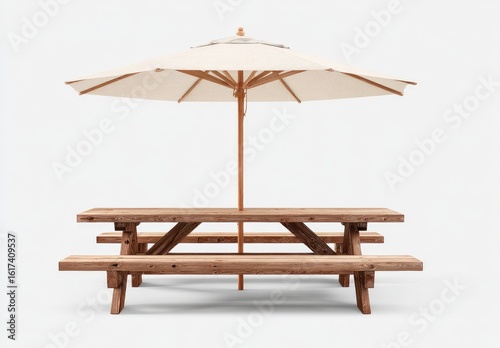 Cream umbrella over wooden picnic table