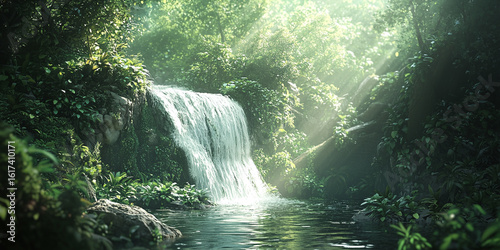 Fototapeta Naklejka Na Ścianę i Meble -  A waterfall in a lush forest, right side blurry for logo placement.