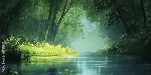 Calm river through a forest, blurred left section for copy.