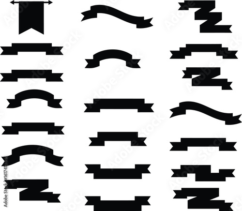 Collection of black ribbon and banner shapes isolated on white background for design .