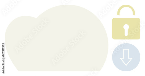 Cloud icon representing online storage, yellow padlock for security, blue download arrow for data access. Ideal for data security, cloud technology, online storage, privacy, encryption, file sharing