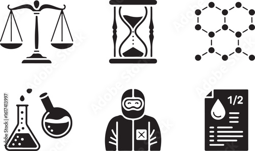 Black icons of scales hourglass molecular structure lab flasks hazmat suit and document scales of justice