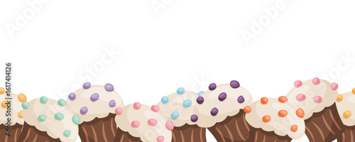 Vector seamless border featuring various muffins with white frosting and colorful sprinkles, forming a bottom design element. Suitable for bakery, dessert, breakfast and sweet food themes