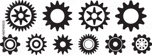 Collection of black gear icons with varying teeth and inner designs on white background cogwheel mechanical