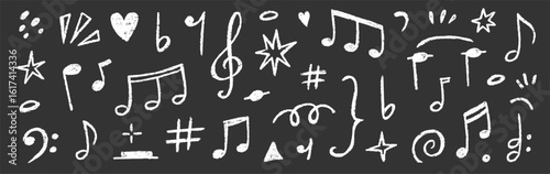 Music note hand drawn set. Cute music icon, melody sign, and sound symbol in kid crayon chalk sketch style. Cartoon texture, playful art decoration on chalkboard background. Vector illustration