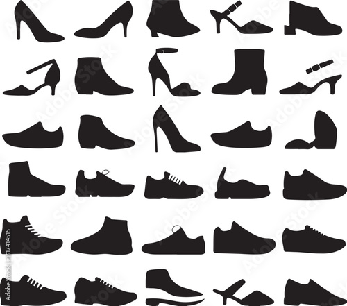 Collection of black shoe silhouettes including heels boots and sneakers footwear white background vector