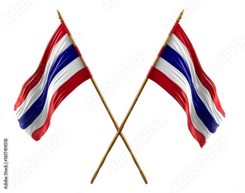 Two flags of Thailand are flying in the wind. The flags are red, white, and blue