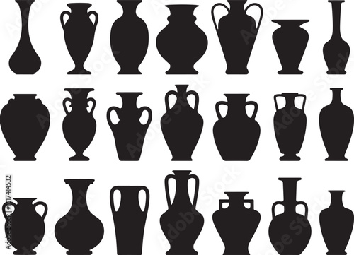 Collection of black silhouette ancient Greek amphorae and vases pottery ancient Greek pottery black and white