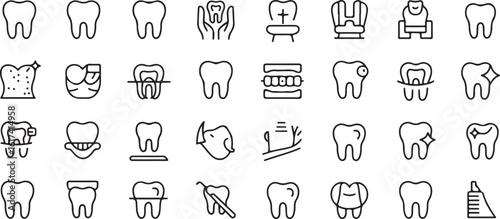 Collection of black line art icons representing healthy and damaged teeth and dental equipment tooth