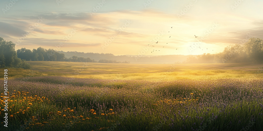 Obraz premium Open field of lavender with a soft blur on the right for copy.