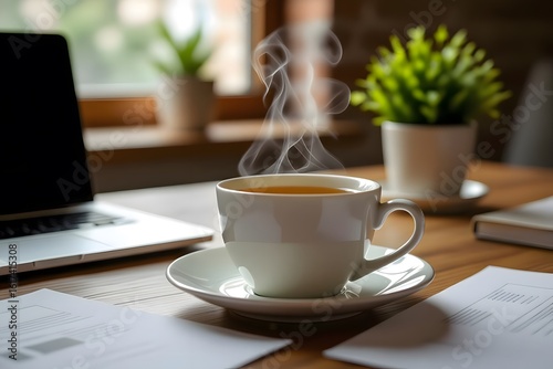 Steaming Cup of Tea on Desk with Laptop and Plants