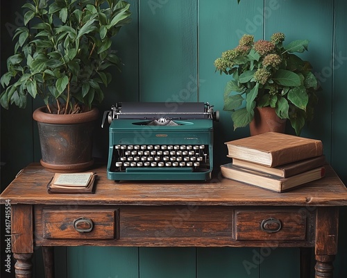 Authentic Home Workspace captured in vintage film tone with a typewriter, journal, and retro wooden desk 