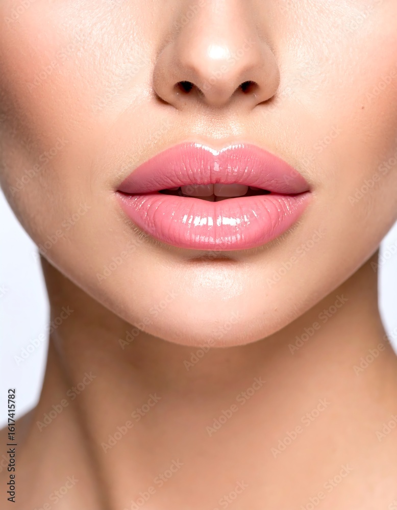 Obraz premium Close-up of a woman's full, pink lips and smooth chin