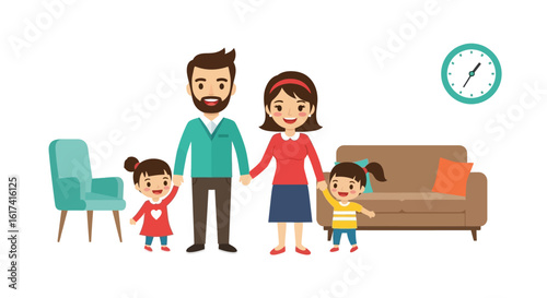 A happy cartoon family with two daughters holding hands at home. Illustration of family love and togetherness concept.