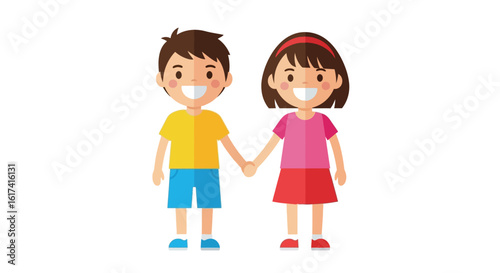 Happy cartoon boy and girl holding hands together. Cute vector illustration of children's friendship, siblings, or a young couple, isolated on a white background.