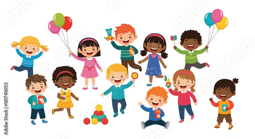 Happy diverse children playing together. Cartoon vector illustration of a multicultural group of kids with toys and balloons.