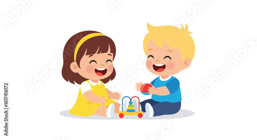 Happy cartoon kids playing together. Cute little boy and girl with a toy, sharing a joyful moment of friendship. Vector illustration.