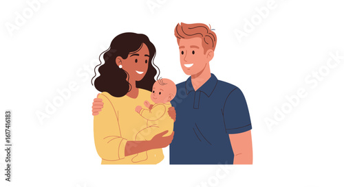 Happy multiethnic family with a newborn baby. Diverse mother and father embracing their child, smiling with love and joy.