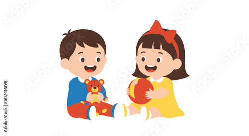 Happy cartoon children, a boy and a girl, sitting and playing together with a teddy bear and ball. A sweet illustration of childhood friendship.