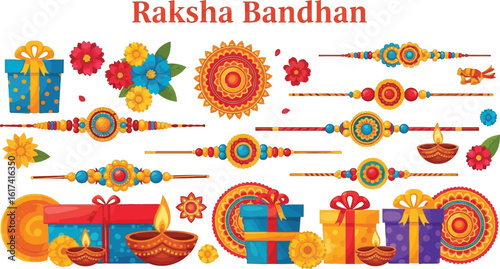 Vector art of a collection of rakhi wristbands and gifts for raksha bandhan, perfect for celebrating the bond between siblings