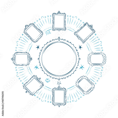 Circular arrangement of ornate blue picture frames and decorative elements vector