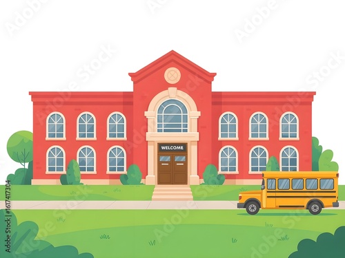 Classic red school building with yellow school bus on a sunny day