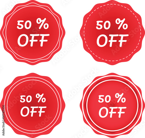 Four red circular sale stickers with fifty percent off text on a white background promotional design element