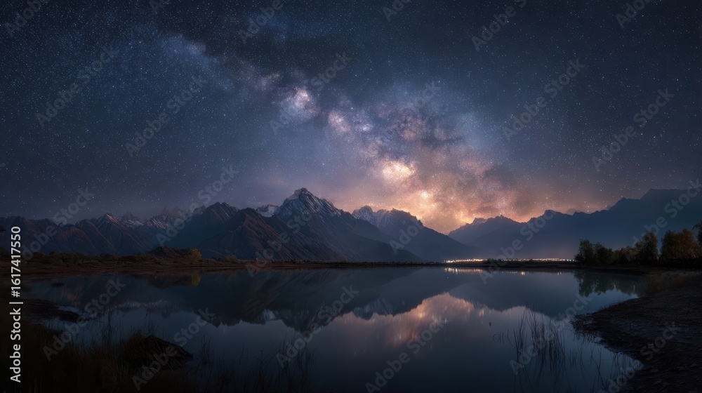 Fototapeta premium Milky Way Over Mountain Range Reflected in Calm Lake
