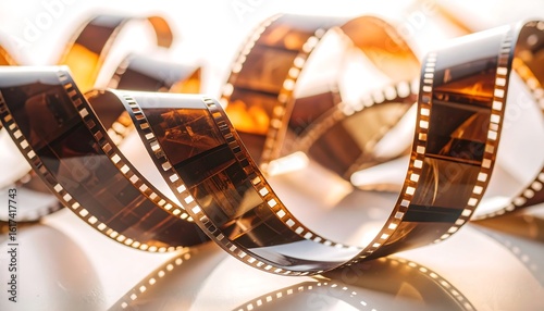 Close-up of developed film swirling on a reflective surface, illuminated by soft light