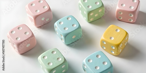 Pastel colored dice arranged on a white background with soft shadows