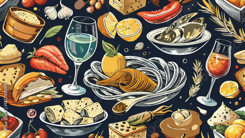 Assortment of delicious food and drinks with fresh ingredients and garnishes vector