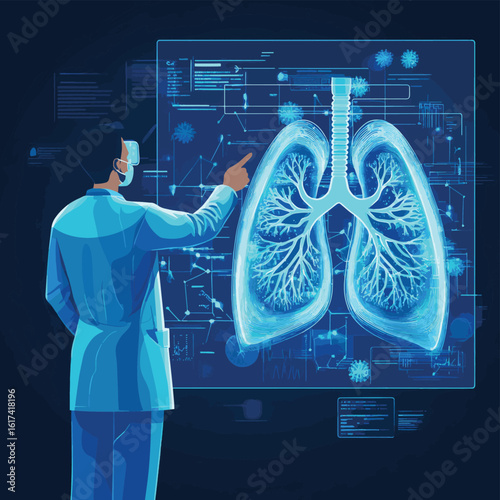 Male doctor pointing at holographic lungs with virus infection. Medical technology concept for virtual diagnosis of pneumonia or coronavirus. Futuristic healthcare and pulmonology