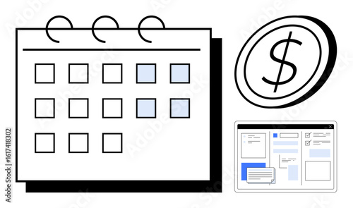 Calendar emphasizing marked deadlines, bold dollar icon, and a digital interface screen. Ideal for scheduling, budgeting, deadlines, payment planning, task management finance reminders. Simple flat