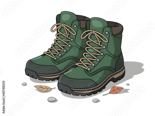 Pair of green lace up hiking boots on a white background