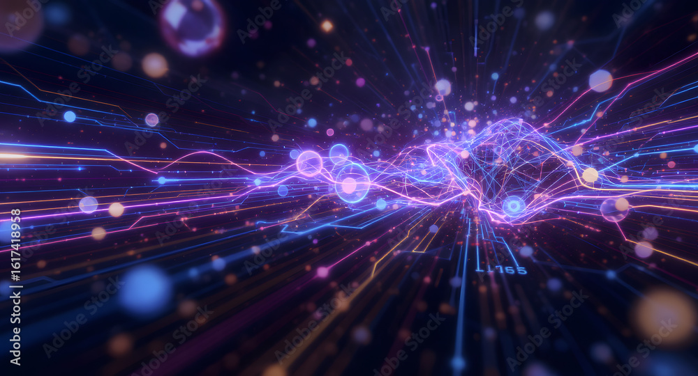 Fototapeta premium Vibrant Digital Light Flow: Abstract Network of Glowing Orbs and Energy Trails