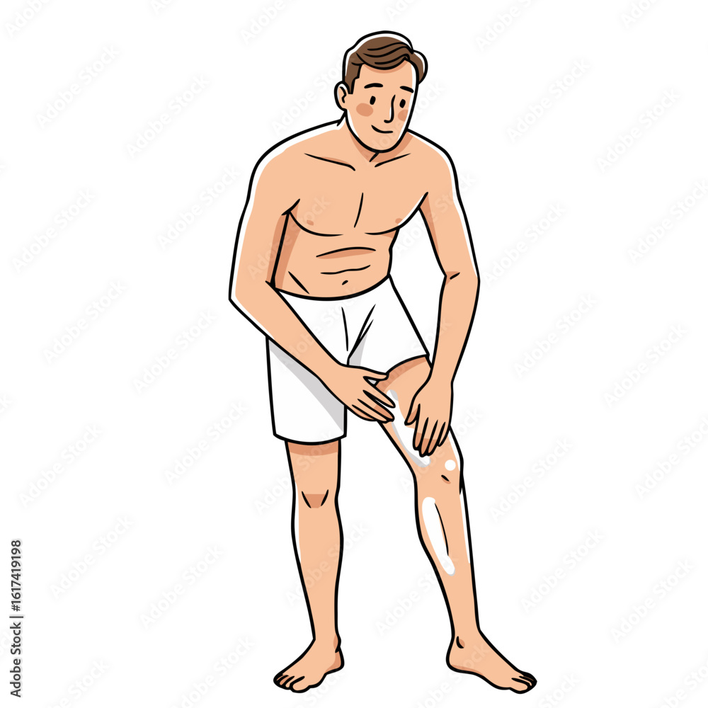 Fototapeta premium Young man applying cream on his leg while standing barefoot indoors 
