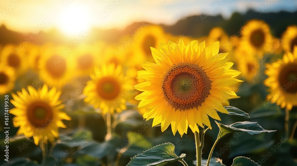Obraz premium Sunflower field at dawn, a vibrant display of nature's beauty, golden hues