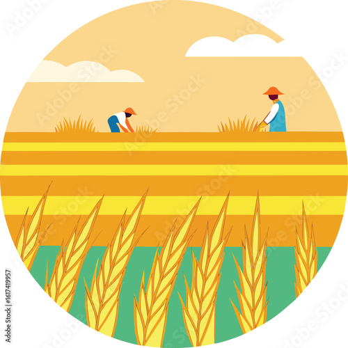 Farmers harvesting wheat in a golden field under a sunny sky