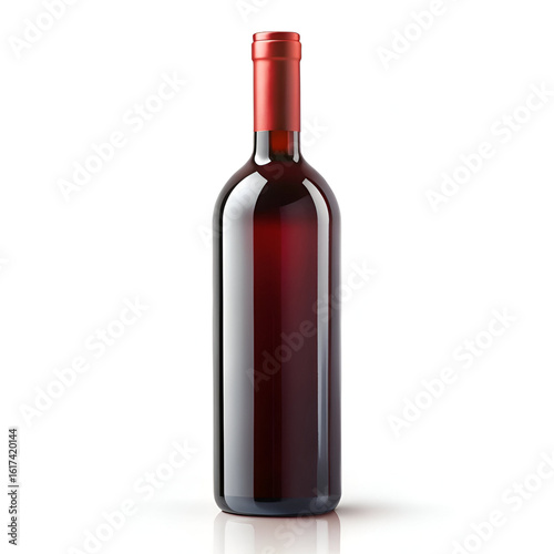 A tall, elegant bottle of rich red wine with a red foil capsule, isolated on a clean white background