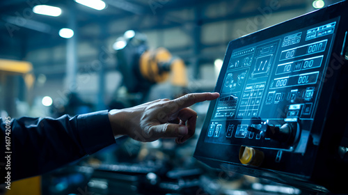 Hand Touching Blue Digital Control Panel in Industrial Setting