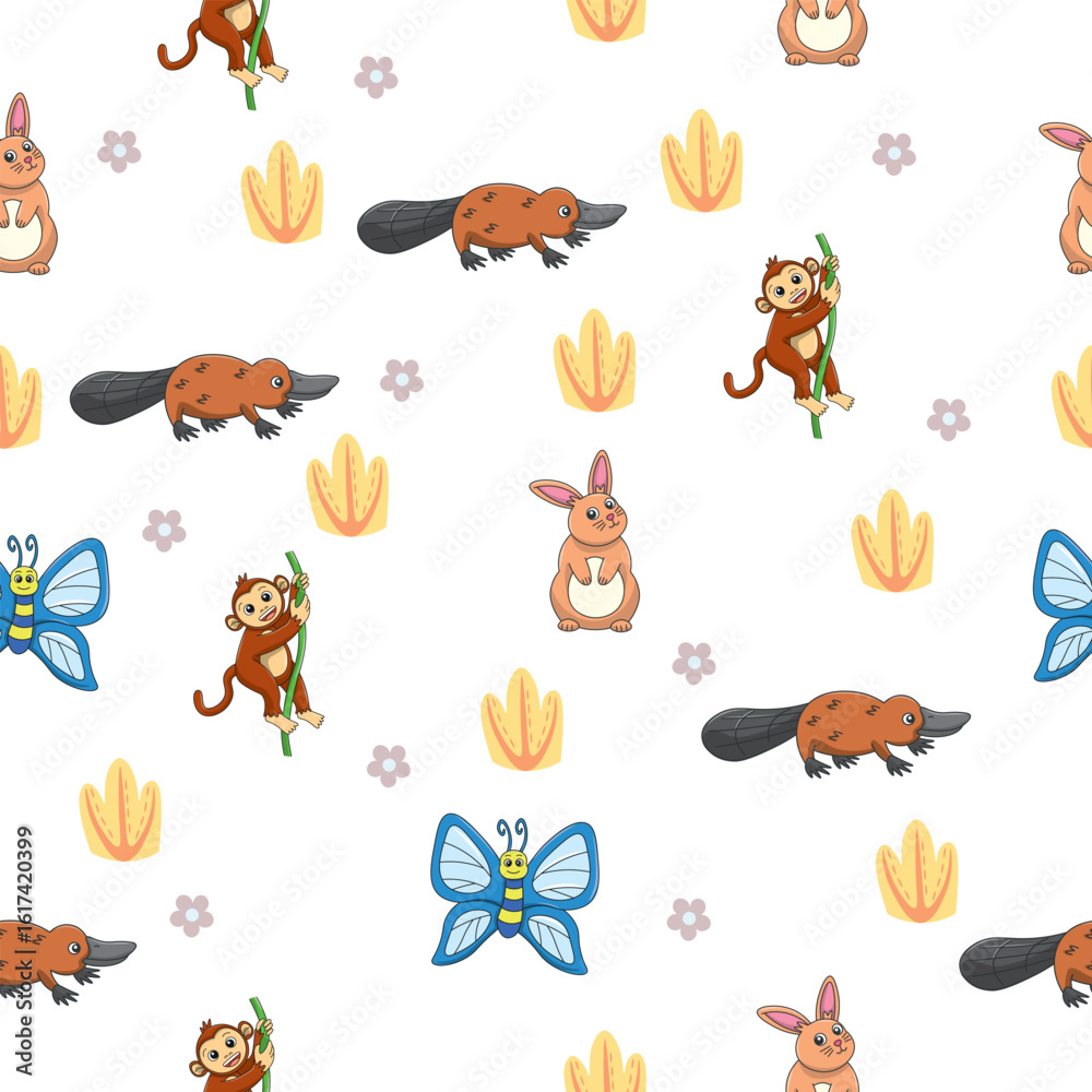 Fototapeta premium Cute wild animals seamless pattern for baby shower decor, nursery print, kindergarteen wallpaper, fabric, and textile. Vector illustration
