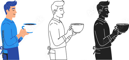 Man holding coffee cup vector illustration barista coffee shop cafe waiter drink beverage