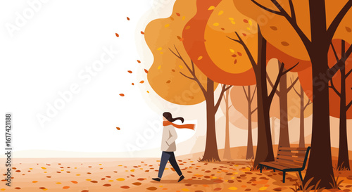 Autumnal Stroll: Woman Walking in a Park Illustration