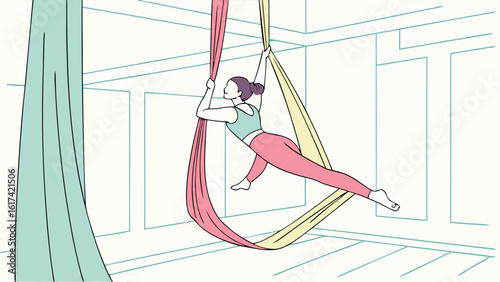 Graceful Woman Practicing Aerial Yoga with Silks in a Minimalist Studio Illustration for Fitness and Wellbeing