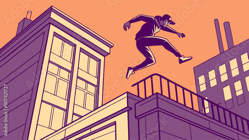 Dynamic Rooftop Jump: Parkour Practitioner Leaping Between Urban Buildings Against a Warm Sunset Sky - Energetic Free Running Illustration