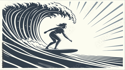 Dynamic Female Surfer Riding a Powerful Ocean Wave in Stylized Woodcut Illustration