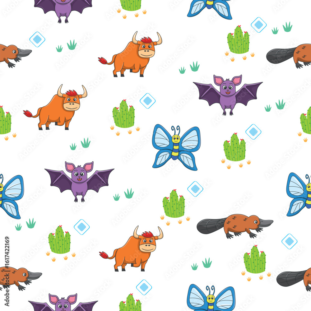 Obraz premium Cute wild animals seamless pattern for baby shower decor, nursery print, kindergarteen wallpaper, fabric, and textile. Vector illustration