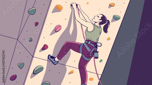 Woman Rock Climbing Indoors: Determined Female Athlete Ascending a Colorful Climbing Wall with Safety Gear, Illustrating Sport, Fitness, and Challe...