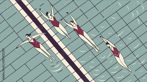 Overhead View of Four Female Synchronized Swimmers Performing a Routine in a Pool with Lane Lines, Illustration